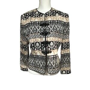 Papell Petites Suit Jacket Womens 12P Black Floral Silk Office Vacation Festival